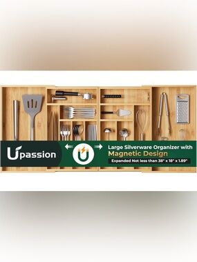 NWT Upassion Brand Bamboo Utensil Drawer Organizer Bamboo Magnetic Expandable